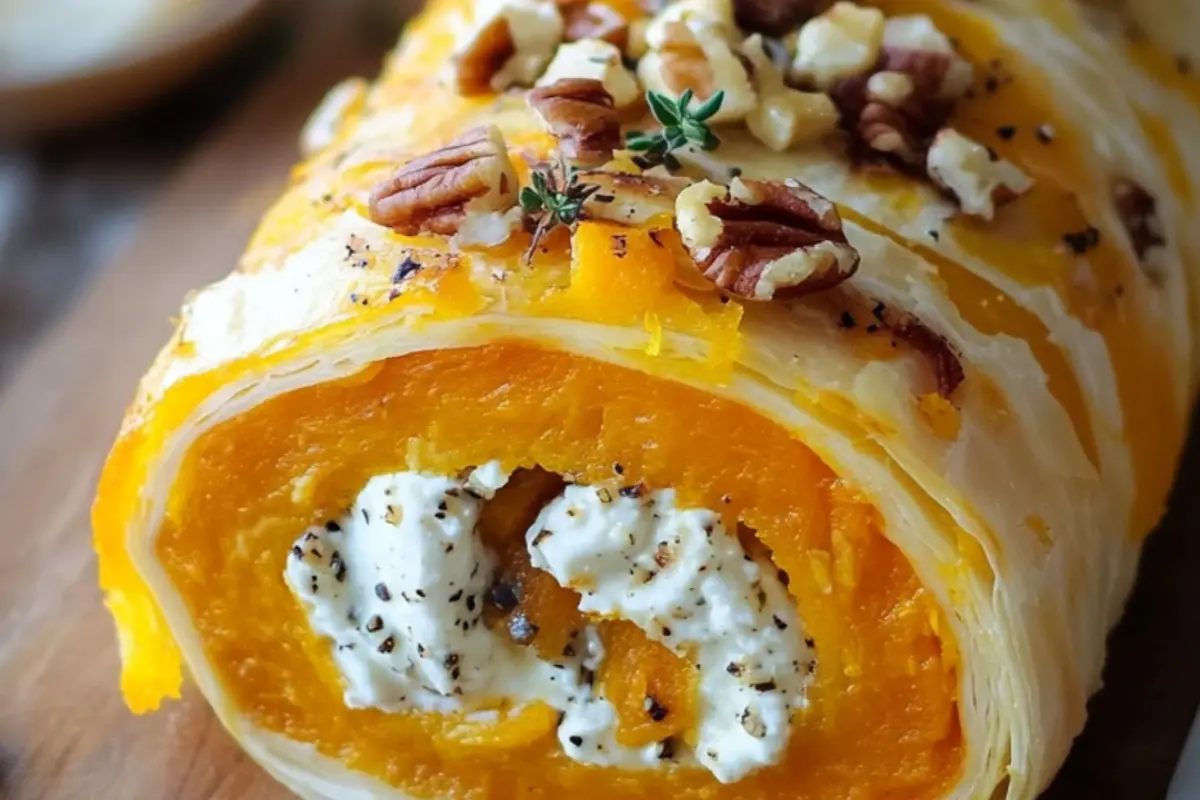 Roulé Salé à la Courge Butternut, Fromage de Chèvre et Noix
