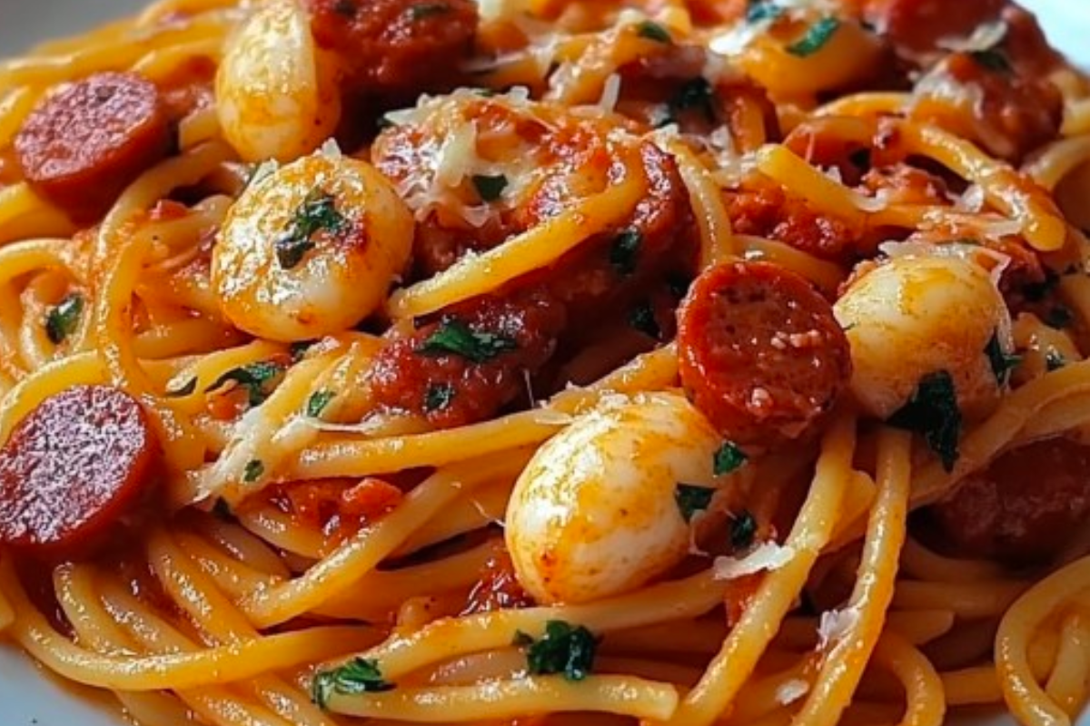 Spaghetti à la crème de poivron, crevettes et bœuf fumé